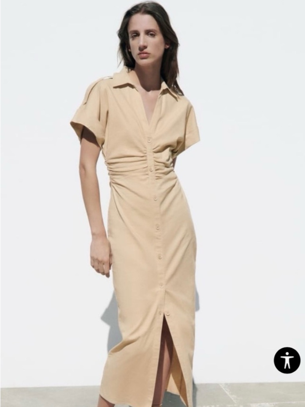 Zara Beige Button-Front Ruched Midi Dress
